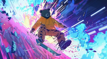 anime screengrab, cell shaded, mecha bear rides a skateboard, explosion of vibrant colours