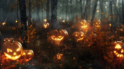 A macabre gathering in a haunted forest, where pumpkins carved with ghastly faces light up the underbrush, and dead trees whisper secrets in the wind. - obrazy, fototapety, plakaty
