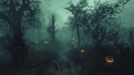 A mysterious fog enveloping a spooky forest, with the silhouettes of dead trees looming over a trail of sinisterly glowing pumpkins. - obrazy, fototapety, plakaty