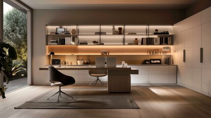 Functional and fashionable home office with smart storage solutions, enhanced by a luminous background