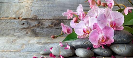 Magenta orchids bloom on rocks, displayed on a wooden table