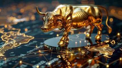 A golden bull statue strategically placed on a reflective surface with illuminated financial charts symbolizing market strength.
