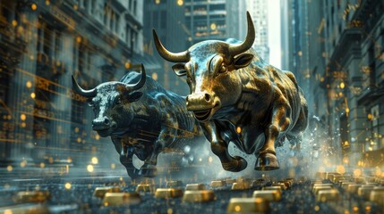 Bulls in full charge on a street with financial data, capturing the essence of a bull market surge.