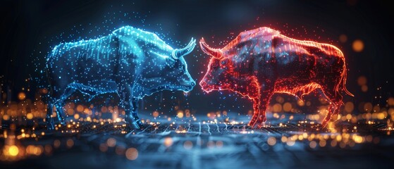 Luminous digital representations of a bull and bear in a standoff, symbolizing the dynamic nature of financial markets.