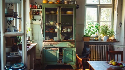 Vintage charm in an old kitchen cabinet, doors ajar, surrounded by a bright, modern setting