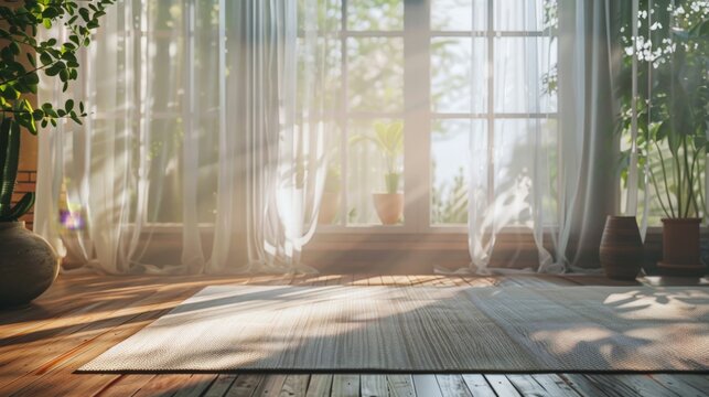 A serene indoor scene of a morning yoga practice, soft light streaming through the window, emphasizing the calm and centered start to the day through mindful movement.
