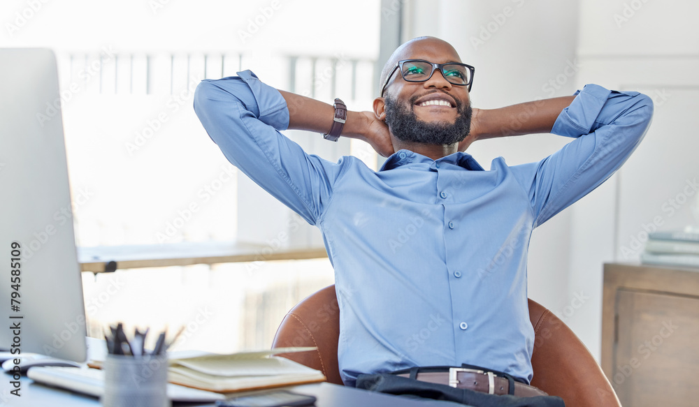 Poster black man, stretching and thinking with smile in office during break, resting or relaxing and notes 