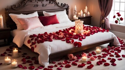 romantic bed featuring a candle, cushions, and rose petals. Valentine's Day - obrazy, fototapety, plakaty