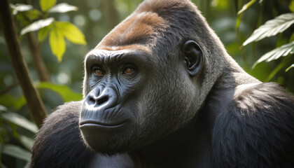 Fototapeta premium Pensive Gorilla in Lush Greenery