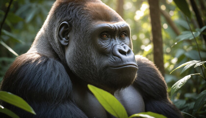 Pensive Gorilla in Lush Greenery