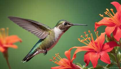 Hummingbird Hovering Near Bright Flowers