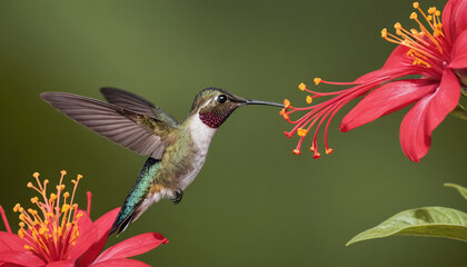 Hummingbird Hovering Near Bright Flowers