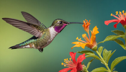 Fototapeta premium Hummingbird Hovering Near Bright Flowers