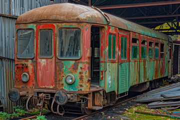 An old, rusty train car with faded green and red paint is parked in an abandoned railway station building © Florian Dussart