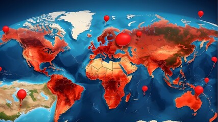 Your global destinations are prominently marked on the digital map with vivid red location markers.By Fajar - obrazy, fototapety, plakaty