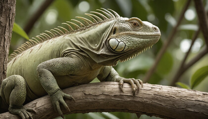 Obraz premium Green Iguana Perched on Tree Branch