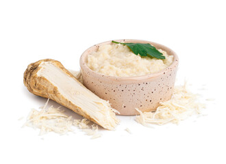 Horseradish sauce in beige ceramic bowl with ground horseradish root on white background
