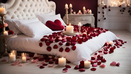 romantic bed featuring a candle, cushions, and rose petals. Valentine's Day - obrazy, fototapety, plakaty