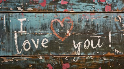 On a weathered vintage wooden backdrop the words I love you are artistically inscribed in chalk creating a nostalgic Valentine s Day postcard theme that exudes charm