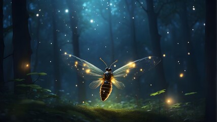 A surreal and abstract picture of a firefly soaring through a night woodland. Idea of a fairy tale. - obrazy, fototapety, plakaty