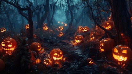 A sinister Halloween night in a spooky forest, where the only light comes from the eerie glow of jack-o'-lanterns scattered among the twisted trees. - obrazy, fototapety, plakaty