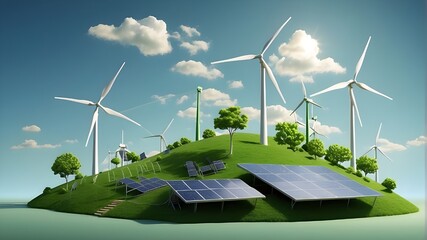 Conceptual illustration of green energy integration with solar panels, wind turbines, and environmentally friendly technology