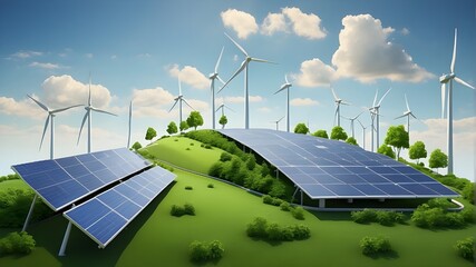Conceptual illustration of green energy integration with solar panels, wind turbines, and environmentally friendly technology - obrazy, fototapety, plakaty