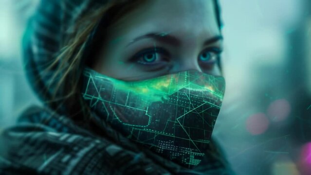 Captivating image of a female face enveloped by an aurora borealis-inspired luminous mask, merging with geometric reflections of a futuristic cityscape. 
