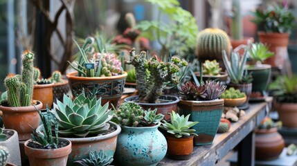 A small patio filled with an assortment of succulents and cacti, an individual carefully arranging the pots to create a desert-inspired theme.
