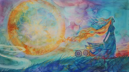 aquarelle of woman reborn from fire, fenix, inspired by tarot card death, nature, mandala dreamy chakra pastel color 