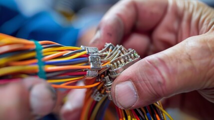 Delicate fingers crimping the ends of wires the intricate work of an electrician on display as they create a reliable and efficient electrical connection. .