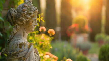 Classical statue in a serene garden setting with warm sunlight