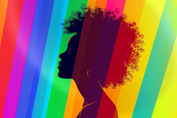 African-American lesbian woman on a rainbow background for pride day, standing tall as a symbol of strength, unity, and inclusion