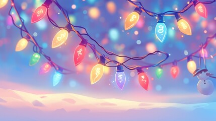 A vibrant hand drawn string of colorful lights adorns a festive Christmas backdrop in this charming 2d illustration