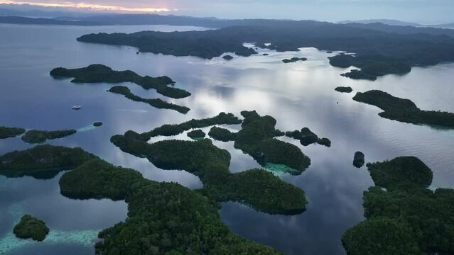 Daybreak illuminates the beautiful limestone islands of Pef in Raja Ampat, Indonesia. This remote, tropical region is known to harbor the world's greatest marine biodiversity.