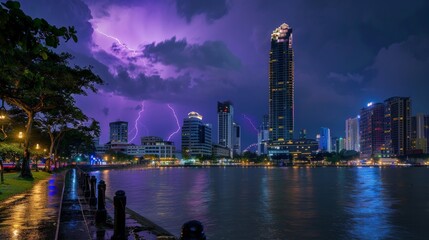 Naklejka premium An iconic city landmark, momentarily highlighted by the intense purple flash of lightning, a contrast of permanence and the ephemeral.