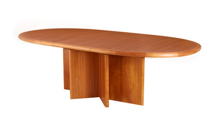 Vintage round table with unique star base. Mid-Century Modern teak furniture. No background png.