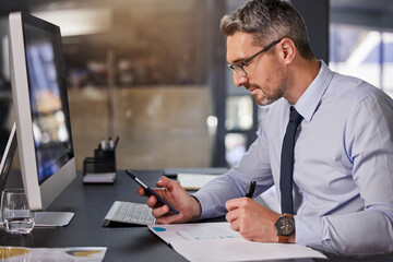 Fototapeta premium Business, man and writing for office smartphone, manager and corporate company with computer. Workplace, browsing or search on social media or app for information with document, report and mature