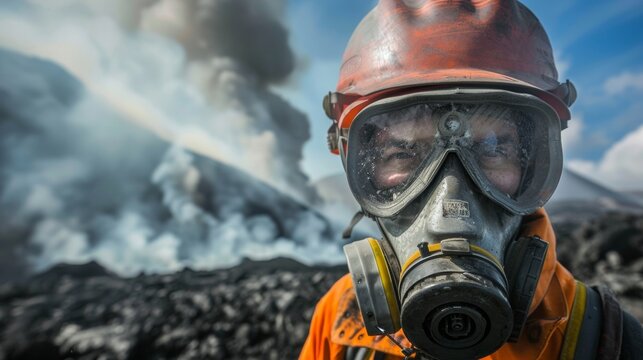 A geologist wearing protective gear and a gas mask standing near a volcanic eruption and documenting the effects of ash and gas emissions on air and water quality in the surrounding .