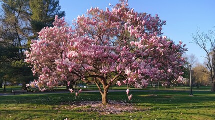 Gorgeous magnolia tree in full bloom showcasing delicate pink flowers in the park under the open sky