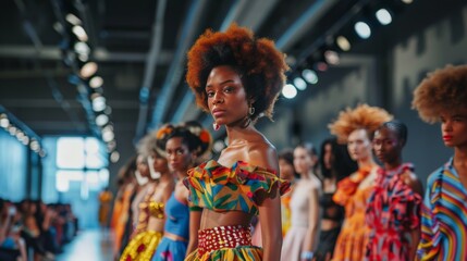 An inclusive fashion show runway, where models of different body types, ages, and ethnic...