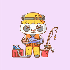 Cute panda fisher fishing animal chibi character mascot icon flat line art style illustration concept cartoon