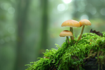 Macro of two mushrooms growing on mossy forest ground, in a forest background, with a blurred bokeh