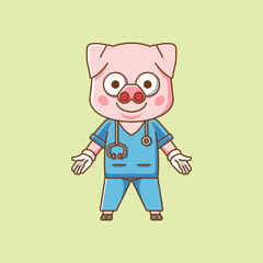 Cute pig doctor medical personnel chibi character mascot icon flat line art style illustration concept cartoon