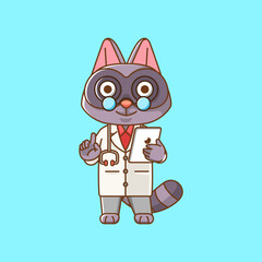 Cute raccoon doctor medical personnel chibi character mascot icon flat line art style illustration concept cartoon