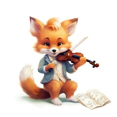 Cute cartoon fox playing the violin, isolated on white background.