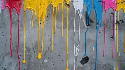 Colorful paint dripping on a gray concrete wall
