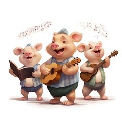 Three pigs with musical notes and a guitar isolated on white background.