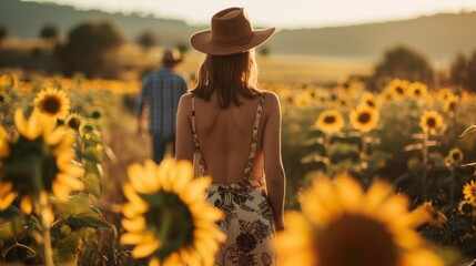 A woman in a flowy s back to the camera chatting with a man in a cowboy hat as they walk through a field of sunflowers. . .