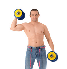 Male bodybuilder with tape measure and dumbbells on white background